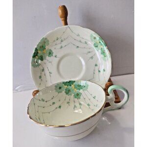 Rare Grafton Hand Painted Bone China Tea Cup & Saucer #6121 Green/Yellow